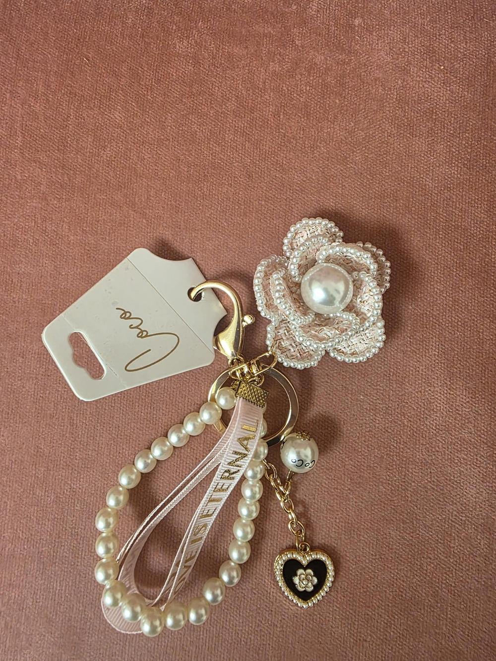 Pearl Flower Keychain Charm with Heart Pendant - Pink